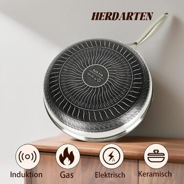 Сковорода з антипригарним покриттям 24 см з кришкою, нержавіюча сталь, безпечна для здоров'я, сумісна з усіма плитами, посуд без PFOA, срібна