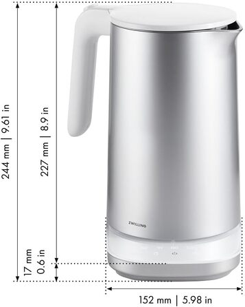 ZWILLING ENFINIGY Water Kettle Pro with Temperature Setting, Stainless Steel Scale Filter & Keep-Warm Function, 1850 Watts, 1.5 Liters, Silver