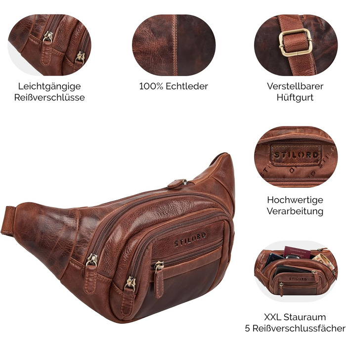 STILORD 'Dublin' чоловіча поясна сумка з натуральної шкіри велика, водонепроникна, захист від крадіжки - XXL, для подорожей, туризму, фестивалів, колір: (Kara - Cognac)
