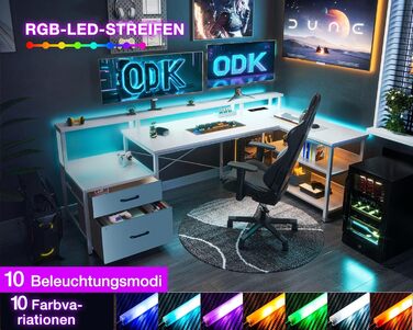 ODK письмовий стіл з шухлядами, кутовий стіл L-подібний з LED підсвіткою та розетками, білий, 172,5×100 см