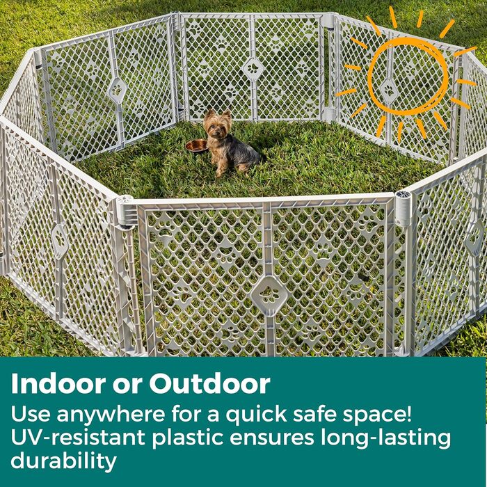 Клітка-вольєр для собак MyPet з 8 панелей, сірого кольору, довговічна та стійка до УФ-випромінювання, портативна, регульована, зручна для тварин, дружній дизайн (з розширенням на 2 панелі, дизайн з відбитком лапи, світло-сіра)