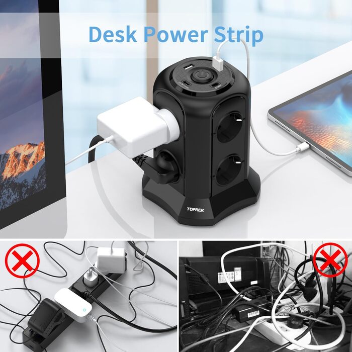 Многорозеткова смуга з USB, 8 розеток, з вимикачем, 4000W/16A, захист від перенапруги, 5м кабель, чорний колір