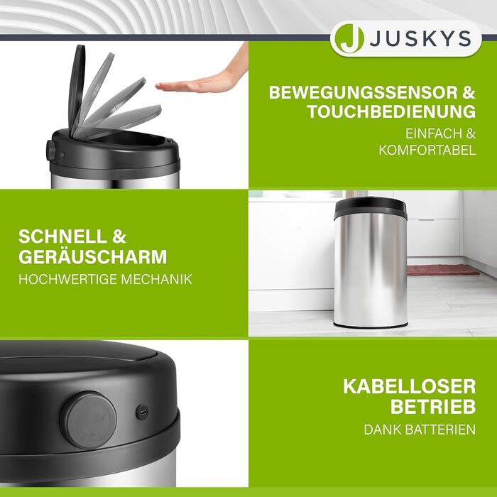 Відро для сміття Juskys з датчиком руху, 30 л, сріблястого кольору. Нержавіюча сталь, контактне відкриття, Klemmring для пакетів.