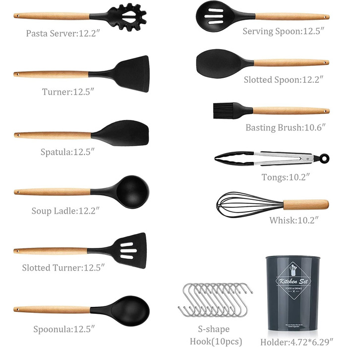 Набір кухонних аксесуарів KagoLing: 13 предметів з силікону з дерев'яними ручками (ложка, щипці, вінчик, шпатель)