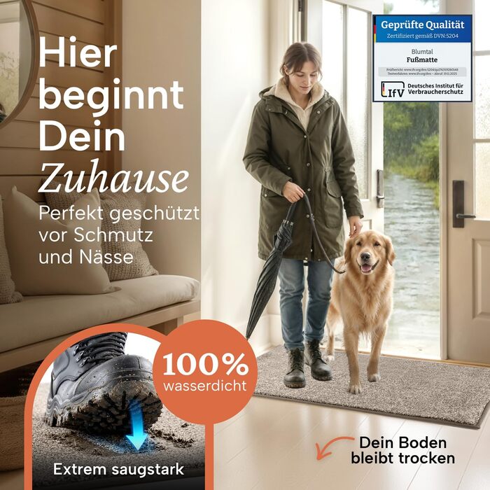 Килимок вхідний Blumtal 50x80 см, мікрофібра, протиковзний вологостійкий килим для бруду бежевий