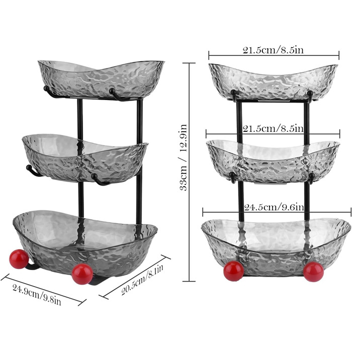 Пластикова підставка для фруктів Asaiy – 3 яруси, овальна корзина з металевим каркасом, сірого кольору. Організатор для фруктів, овочів, снеків та солодощів.