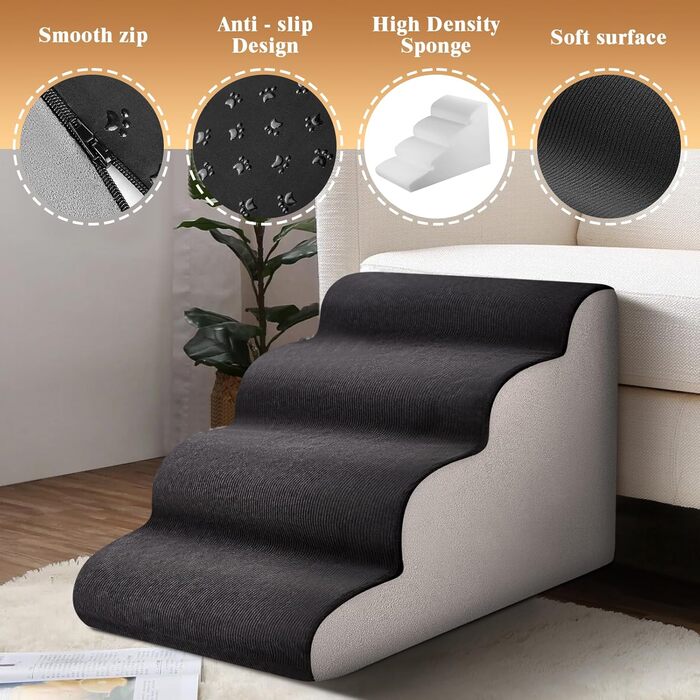 Сходинки для тварин JUOIFIP на 4 сходинки, для маленьких собак, з щільним губчатим матеріалом, неслизькі чорно-сірі сходинки для собак та котів