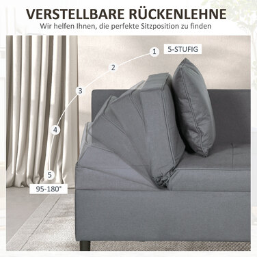 HOMCOM 3-in-1 Sleeper Chair Convertible Sofa Bed with Bed Function, 2-Seater Sofa with Adjustable Backrest, Side Pocket, Cushion, Wheels, up to 300 kg, for Small Spaces, Dark Grey | Aosom