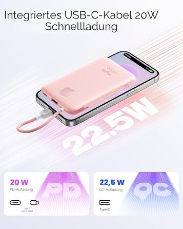 Повербанк VIYISI 10000mAh ультратонкий із вбудованим кабелем USB-C, рожевий