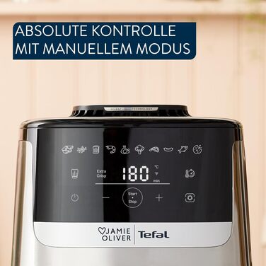Аерофритюрниця Jamie Oliver by Tefal Easy Fry Silence Deluxe EY55JDE0, тиха, 5 л, 10 програм, цифровий сенсорний дисплей, з решіткою та кришкою, чорний/нержавіюча сталь
