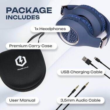 PowerLocus Bluetooth навушники Over-Ear: бездротові, складні, з мікрофоном, Hi-Fi стерео, глибокий бас, для телефону, планшета, ПК (блакитні)