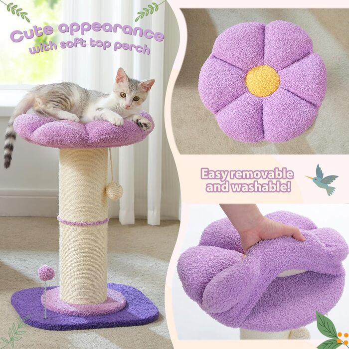 Flower Cat Tree - Small Cat Tree for Indoor Cats with Super Thick Scratching Post [Dia=14cm], Detachable Flower Cat Bed, Feather Ball - (Purple)