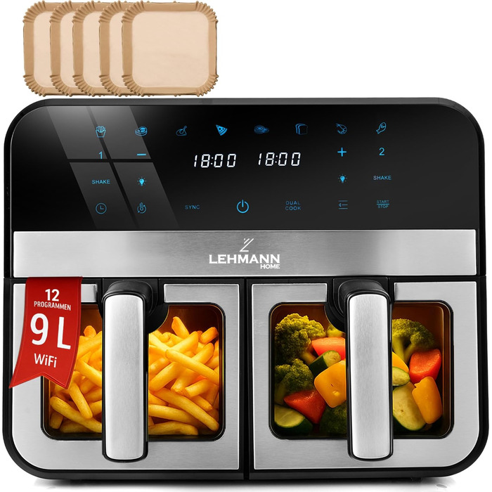 Фритюрниця повітряна LEHMANN з 2 камерами, 9л, 2400 Вт, AirFryer XXL з 12 програмами, до 200°C, WiFi, без олії, з технологією Air Fry – гриль, випічка, ферментація, дегідратація