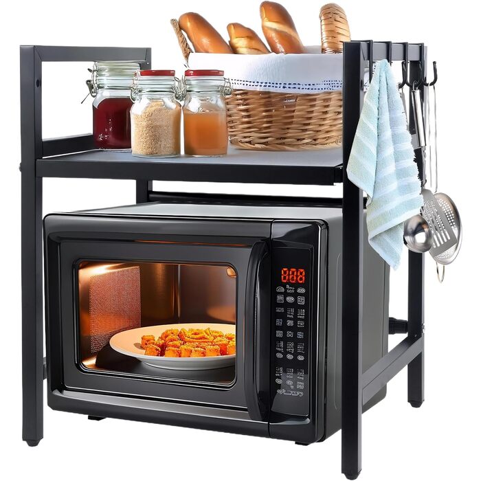 Розширювана полка для мікрохвильової печі, 2 яруси з 6 гачками, телескопічна полка для кухні 42-64 см, органайзер для спецій та кухонного приладдя (Чорний)
