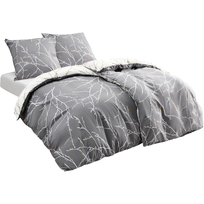 BEDSURE Комплект постільної білизни 135x200, бавовна, 4-х частинний, сірий/бежевий/помаранчевий. Комплект постільної білизни з ковдрою та двома наволочками 80x80 см, з принтом гілок, на блискавці, ÖKO-TEX, комплект постільної білизни