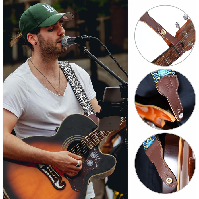 Гітарний ремінь Nefelibata Banjo-Gurt, 5,1 см, повна шкіра телятини, біла вишивка квітів