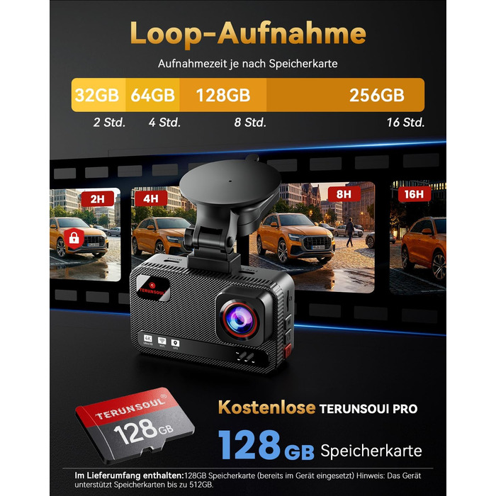 Автомобільний відеореєстратор 4K+4K з передньою та задньою камерою, 128GB карта пам'яті, 5.8GHz WiFi, 3