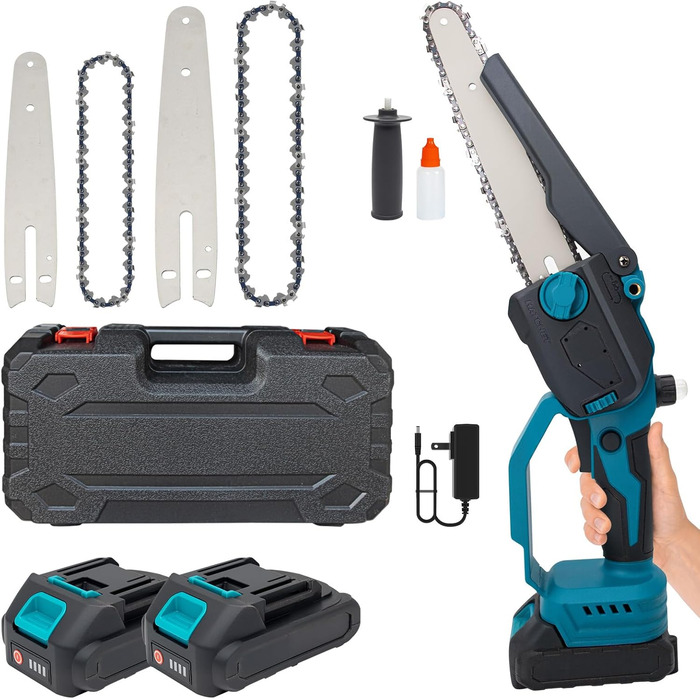 Акумуляторна міні-пила 6 дюймів (20 см) з безщітковим мотором, комплект з 2 ланцюгами 6 дюймів, 2 ланцюгами 8 дюймів, 2 направляючими плитами, 2 батареями високої ємності, для обрізки дерев та різання деревини, блакитна