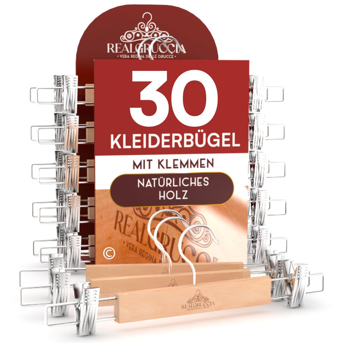 Плечики дерев'яні RealGruccia (60 шт) для одягу з антивідковзними насічками, 22x45 см, колір вишня. З гачком на 360° та перекладиною для штанів