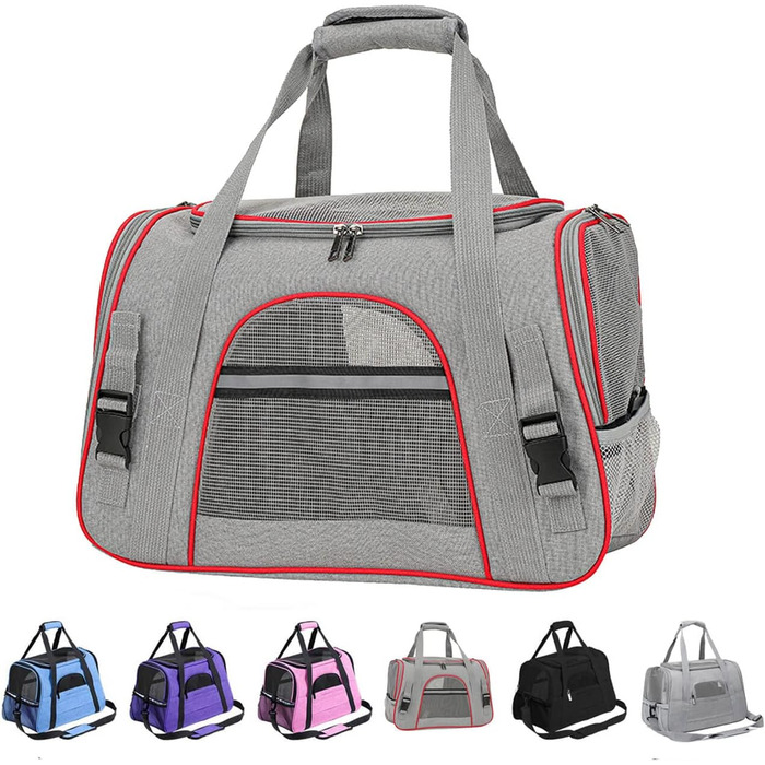 Транспортна переноска для собак та котів, складна, з регульованою ручкою та знімною плюшевою підстилкою (сіро-червона)