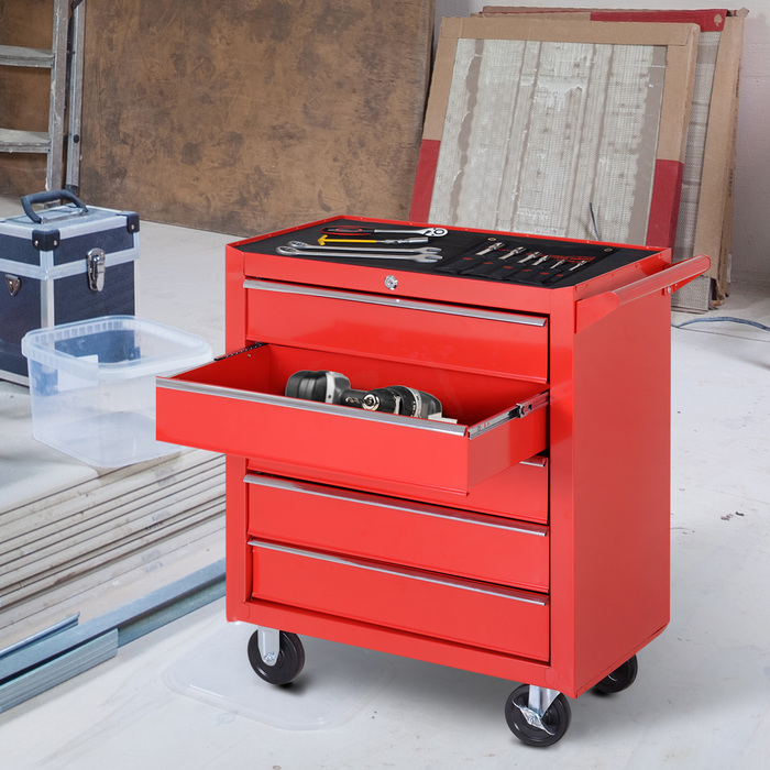 DURHAND Tool Trolley with Wheels, Tool Chest with 5 Drawers, Lockable Utility Cart with EVA Mat, Mobile Assembly Cart, Max. Load Capacity 150 kg, Steel, Red | Aosom