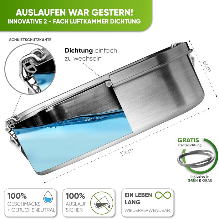 Premium Stainless Steel Lunch Box I 800ml I for Children, including 3 Compartments and Replacement Seal I The food container with 2 dividers is leak-proof I Small lunch box