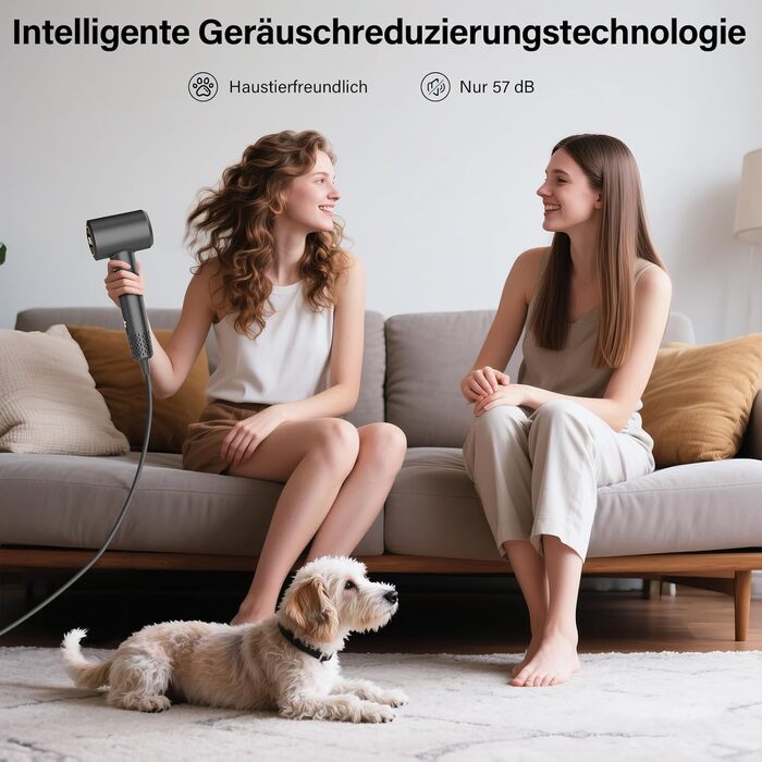 Фен з дифузором, 110000 об/хв безщітковий двигун, низький шум 57dB, для подорожей та дому, Dark Grey