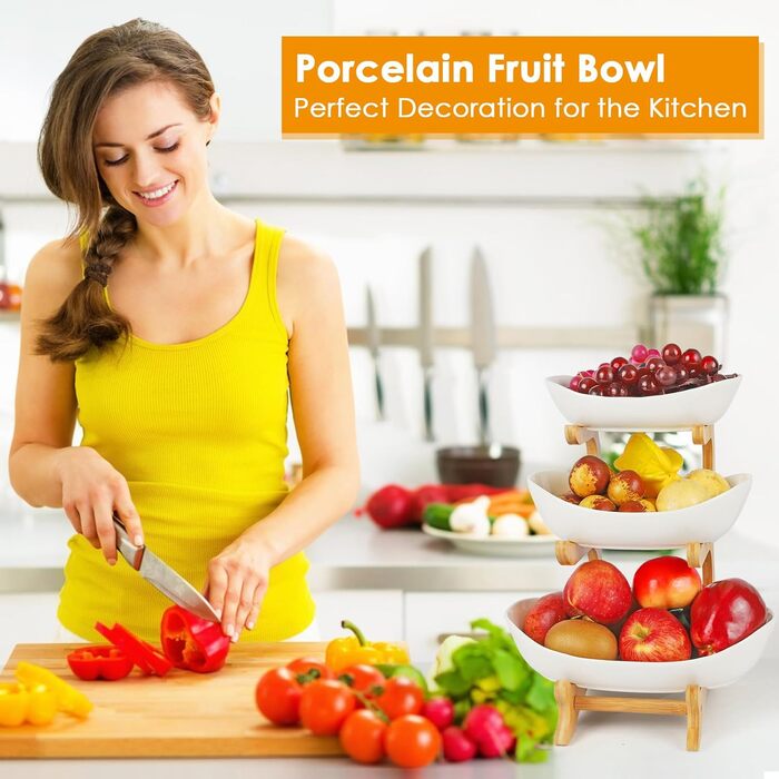 Керамічна етажерка для фруктів Diealles з 3 ярусами, бамбуковий підставник, для сім'ї, стабільна, сумісна з овочами та снеками