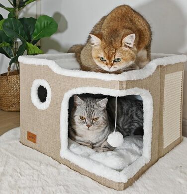 Spindro Cat Cave Cat Bed Large, Cat House Indoor Cat Sleeping Place with Removable Sherpa Cat Cushion and Hanging Toy, Cat Bed, Light Grey 42x42x33cm (2 level (42cmx42cmx33cm), Khaki)