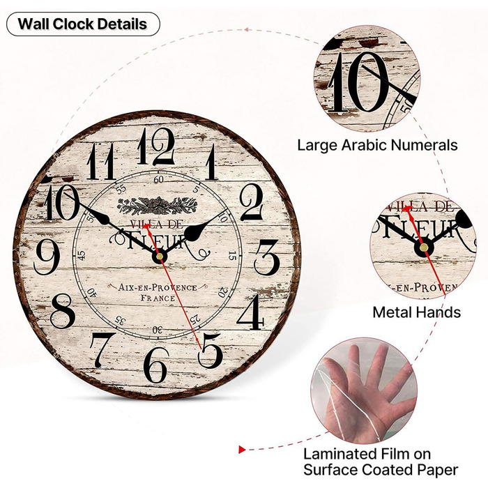 Toudorp Wall Clock Wooden French Country Style Quiet Wall Clock Easy to Read Battery Operated Home Decorative Retro Wall Clock (French Country, 12 inches)