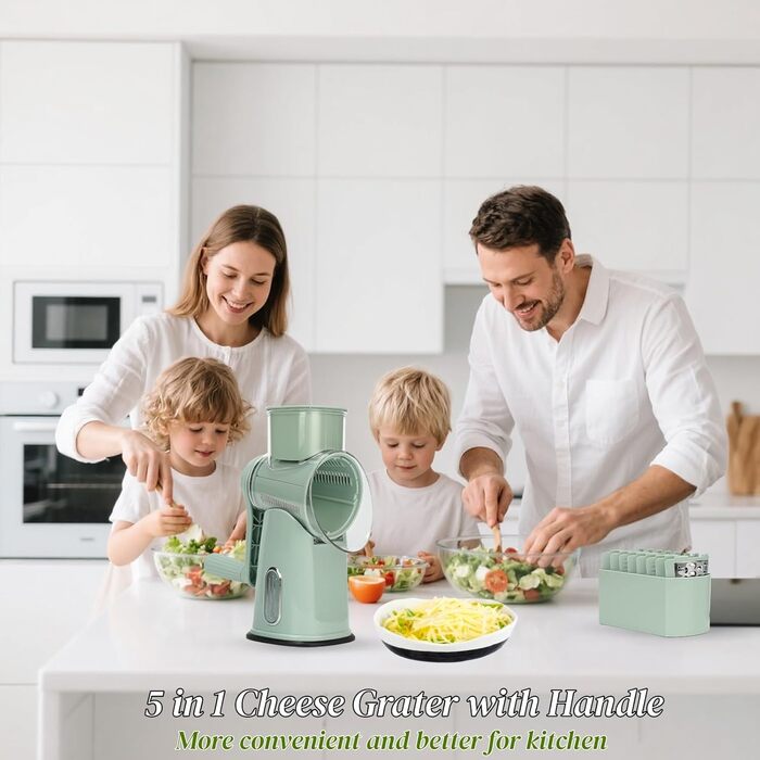 Ручна тертка для сиру та овочів з 5 зміненими лезами з нержавіючої сталі, кругла тертка з ручною рукояткою, харчовий подрібнювач для кухні, зелена коробка для зберігання