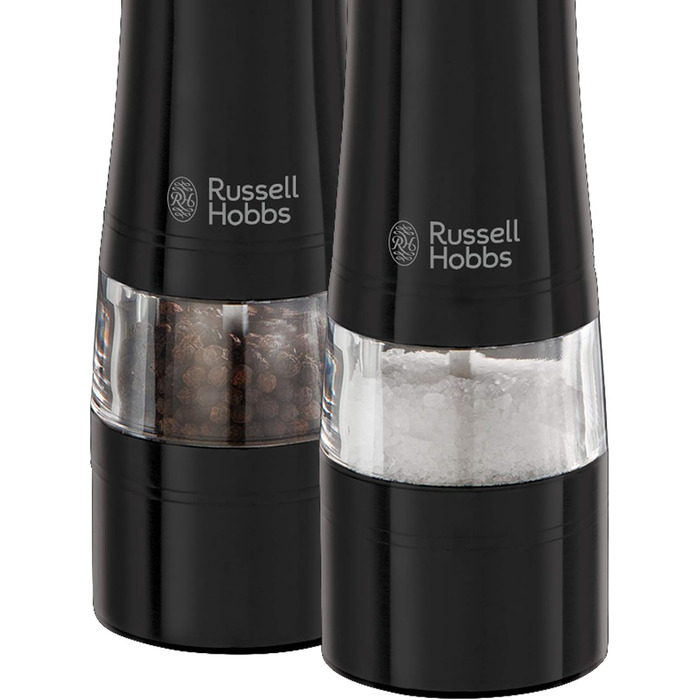 Електричні млини для солі та перцю Russell Hobbs 28010-56, керамічний механізм, чорні, набір 2 шт, для спецій і трав, регульований помел, LED підсвітка