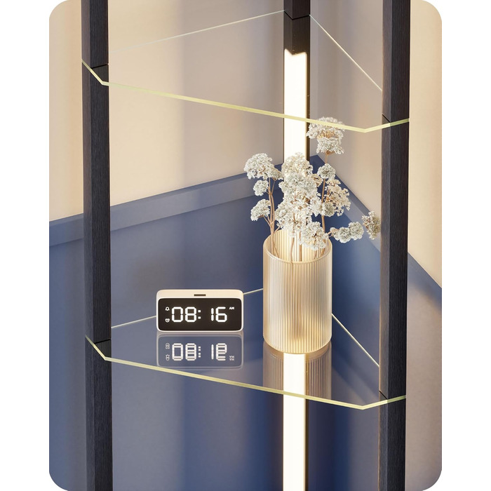 Стійка лампа EDISHINE з 4 полицями з дерева, LED диммер, 3 колірні температури, поворотний світловий маніпулятор, підсвічування полиць, футовий вимикач (чорний+скло)