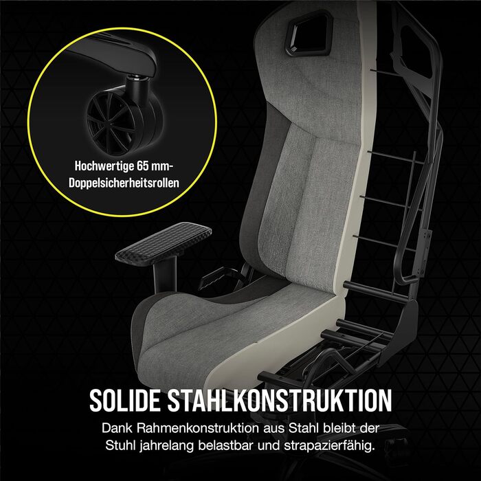 Ігрове крісло Corsair T3 RUSH Fabric 2023, автомобільний стиль, тканинне покриття, подушка для шиї, ортопедична підтримка попереку, сіре та антрацитове