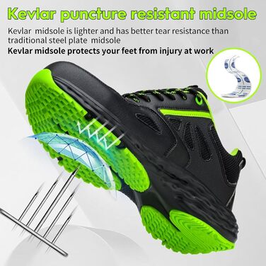 Черевики безпеки ISOOUS для чоловіків та жінок. Легкі, дихаючі, антиковзкі кросівки з пластиковим носком. Ідеально підходять для кухні, спорту. Розмір 47 EU, чорний/зелений.