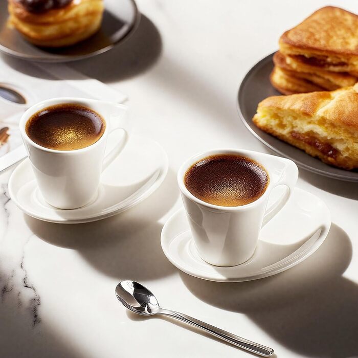 Набір еспресо-чашок з дерев'яним підставкою, 6 шт. по 80 мл, порцеляна, товстостінні, з підставками, для 6 осіб