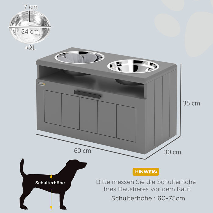 PawHut Large Dog Feeding Station with 2 Stainless Steel Bowls, Drawer, and Pet Food Dispenser - MDF, Steel, Gray