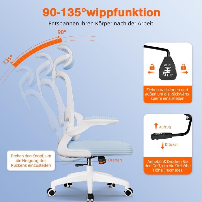 Ергономічне крісло для офісу з регульованою підголівником, підтримкою попереку та відкидними підлокітниками, крісло для начальника, 150 кг, функція гойдання до 135° (Блакитний, Модель 2)