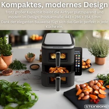 Фритюрниця Steinborg® з подвійною камерою, 11 літрів, фритюрниця без олії, гриль, духовка, сушка, 2 вертикальні шухляди (5,5л+5,5л)