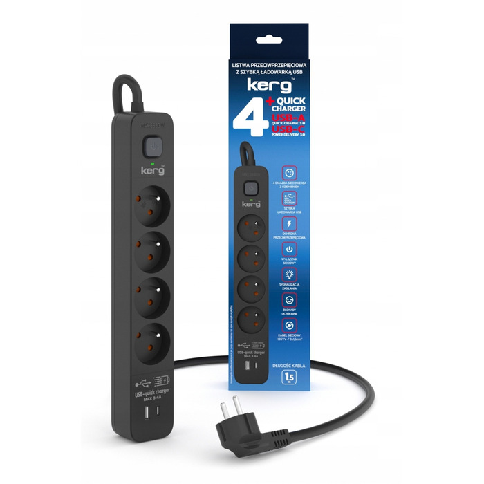Мережевий фільтр Kerg, 4 розетки, USB-C та USB-A, чорний, 1.5 м, 3680 Вт
