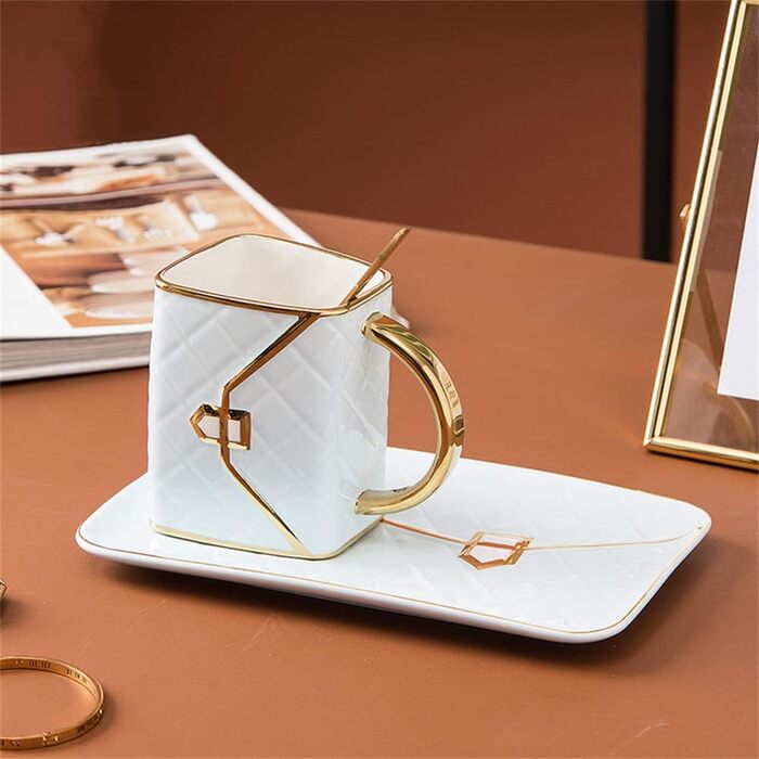 MVSR Cup and Saucer Set Cappuccino Cups Handbag Styling Coffee Cups Porcelain Cup Ceramic Teacup with Spoon, 310ml (blue)