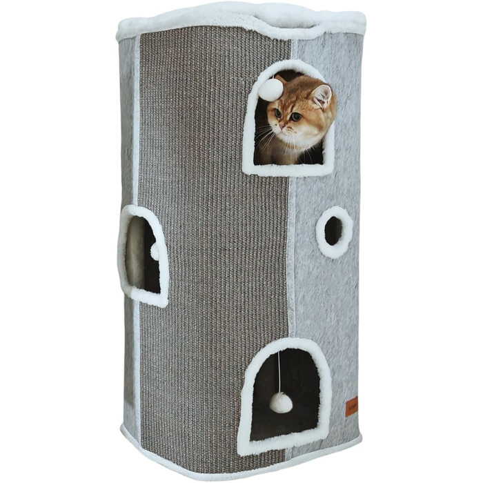 Кігтеточка-будиночок для котів велика, сіра, 42x42x33 см з подушкою та іграшкою