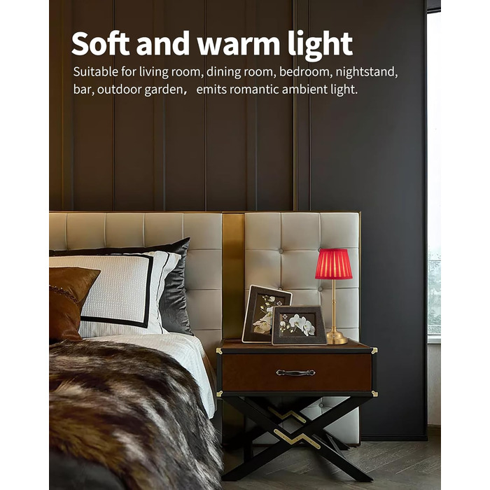 LED Настільна лампа бездротова, димована вінтажна приліжкова лампа, ретро акумуляторна настільна лампа 4000mAh, для дому, бару, вітальні (Золото + Червоний абажур, 2 шт)