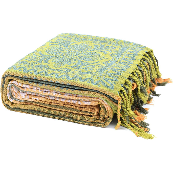 HOORDRY Chenille Woven Throw Blanket 220x260CM, Sofa Throw Blanket Overthrow Blanket for Couch Bed Sofa Chair, Double-Sided Boho Blanket with Tassels, Cozy Soft Couch Blanket Reversible Blanket, Green/Yellow Green 220 x 260 cm