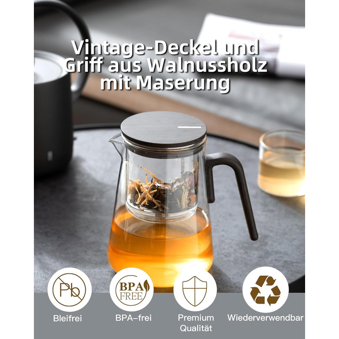 Чайник ZENS Magic з боросилікатного скла з ситом, 1000 мл, з магнітним кришкою та ручкою з чорного горіха