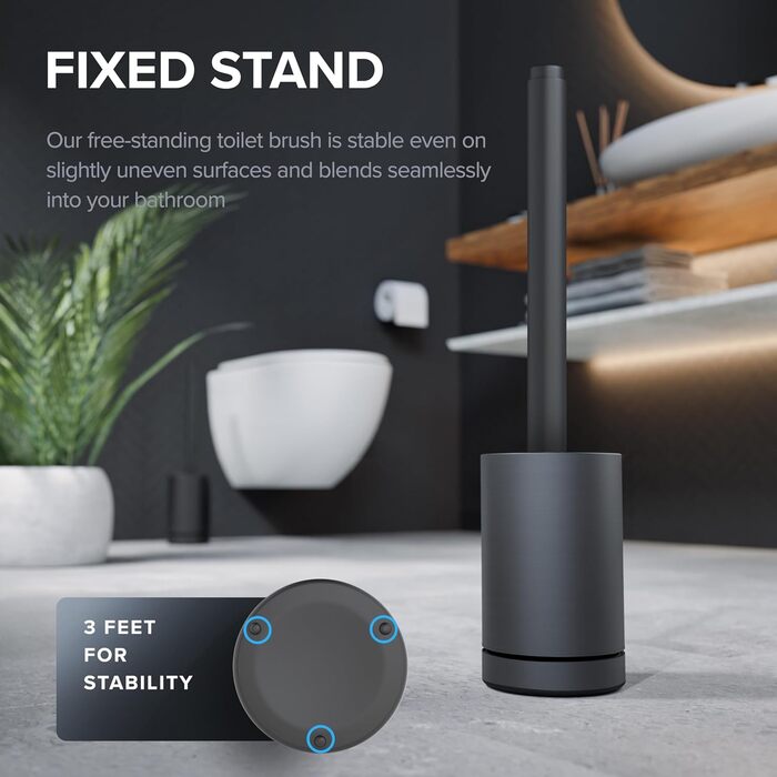 Торцева щітка для унітазу Arosund | Силіконова щітка для унітазу | З вентиляцією | Свободно стояча | Головка щітки для унітазу з нержавіючої сталі | З резервуаром для миючих засобів | Знімний піддон для крапель | Щітка для унітазу (Чорний)
