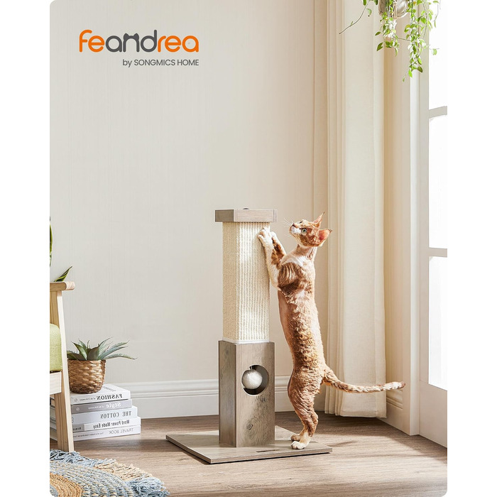 Feandrea Scratching Post, Scratching Trunk, Cat Tree, 10 cm Thick Trunk, Scratching Column Made of Natural Sisal Rope, 73 cm High, with Plush Play Ball, Furniture Scratch Protector, Greige PCA021G01