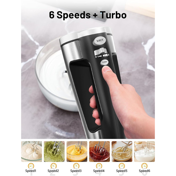 Електричний міксер VINATO 300W з 6 швидкостями, 2 насадки (венчик та гак) | Для тіста, яєць, збивання вершків, випічки | Потужний, захист від перегріву (чорний)