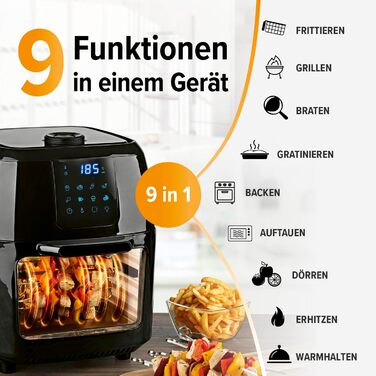 Gourmetmaxx Digital Hot Air Fryer XXL - 9L Oven | Air Fryer with Timer Function, Touch Display, Rotisserie, Skewers | Low-Fat, Energy-Saving Frying | 8 Programs, 1800 W Black 9 Liters