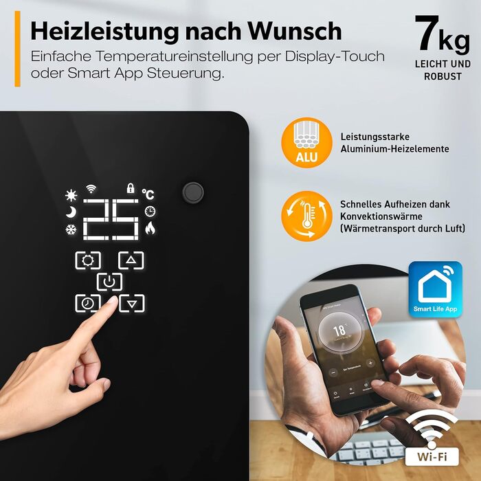 Електричний конвектор TRESKO® з Wi-Fi, LED-дисплеєм та таймером | Склокерамічний нагрівач | 2000 Вт (1500 Вт)